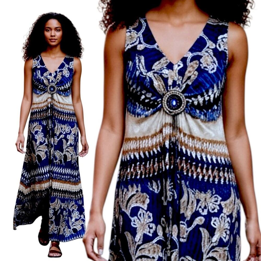 R&M Richards Southwestern Maxi Dress Blue Tan Size 6 A-Line Stretch Travel Soft